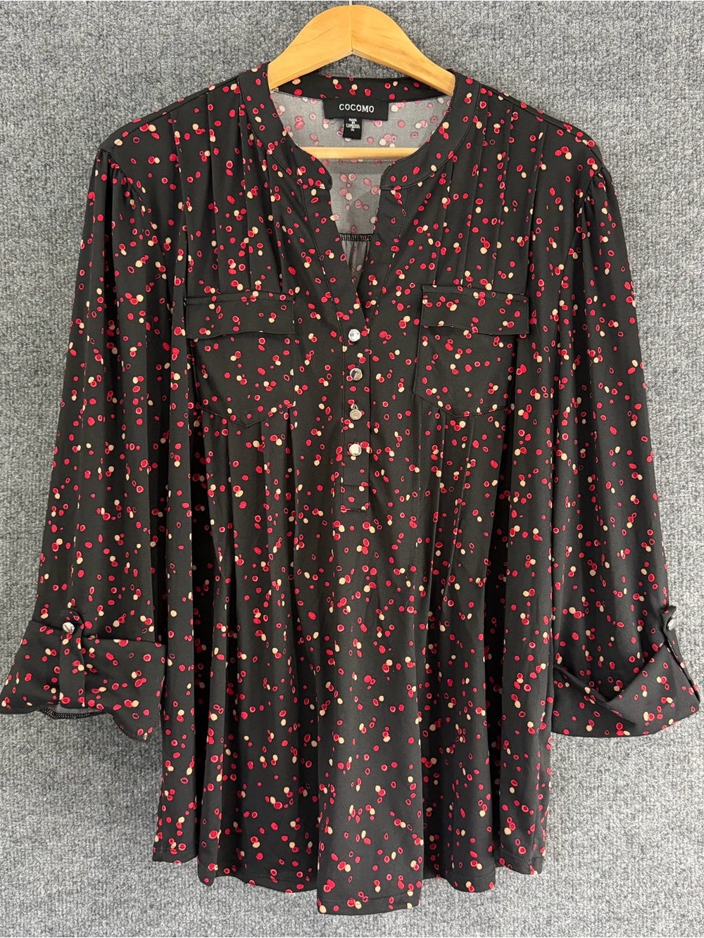 Cocomo Womens 3/4 Sleeve Dot Print Top Size XL Black Red Office Career Stretch